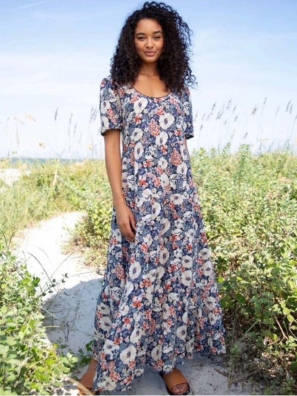 NWT  NATURAL LIFE Lucia Navy Floral Scoop-Neck Maxi with Coral Accents